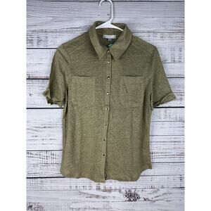 Design History Short Sleeve Button Up Top 100% Linen Green Small New Coastal